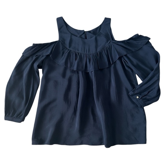Anthropologie Maeve Navy Blue Cold Shoulder Ruffle Top - Picture 1 of 5